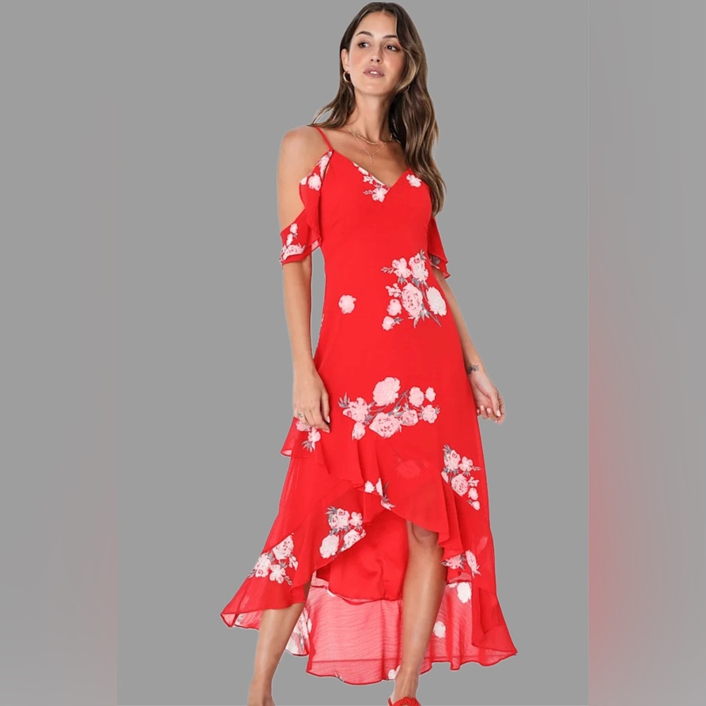 NWT Lulus Love in Bloom Red Floral Off-Shoulder High-Low Dress Size Small